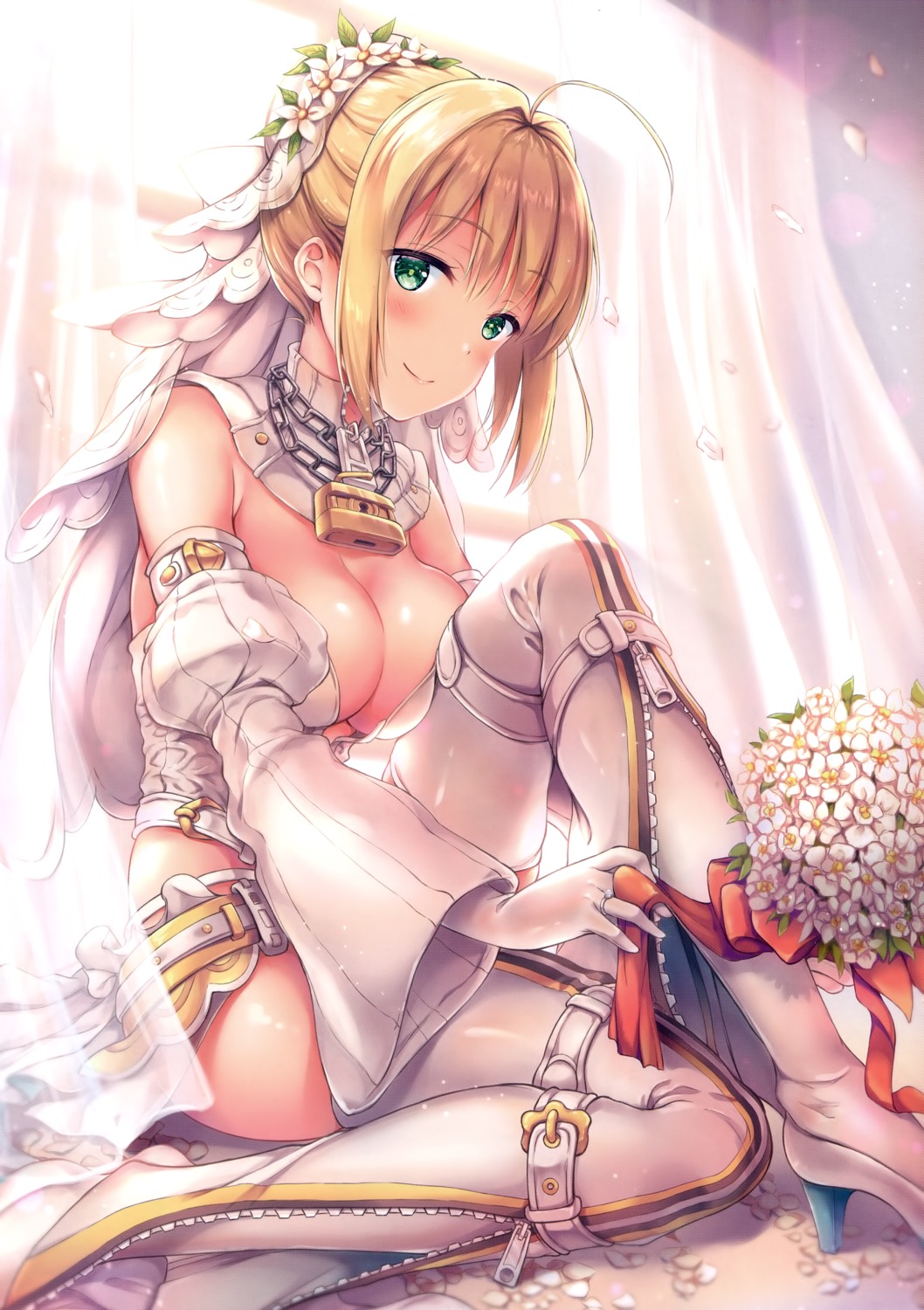 cleavage fate/grand_order heels jun&yuri no_bra saber_bride saber_extra thighhighs yuriko_(jun&yuri)