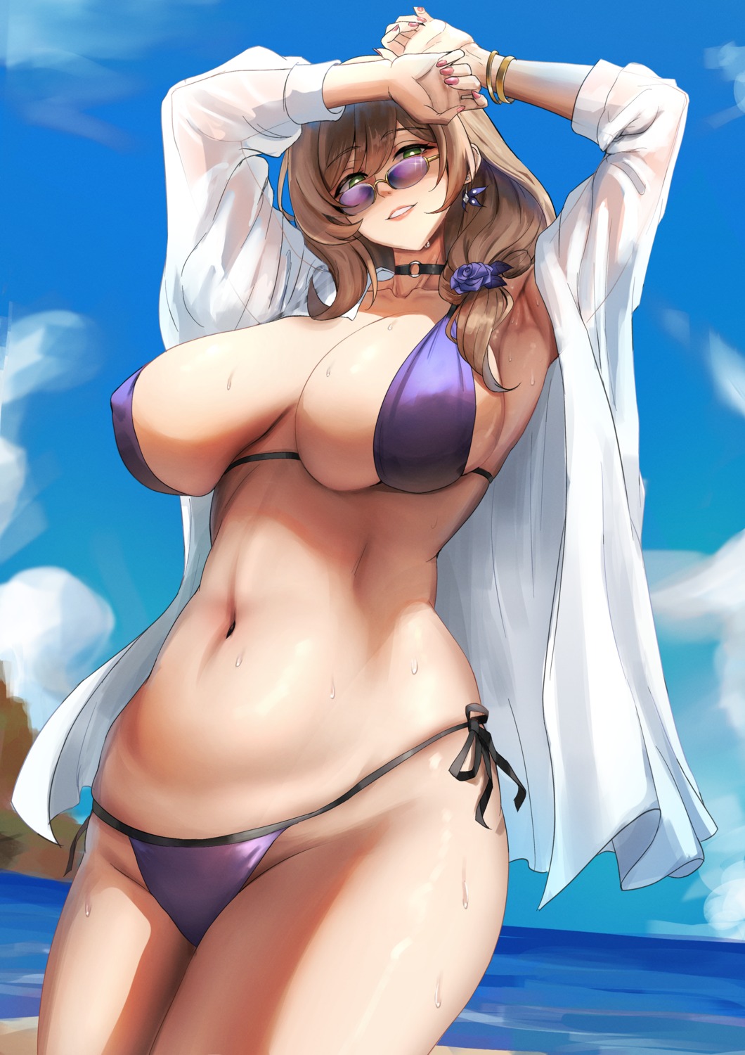 bikini erect_nipples genshin_impact hans-kun lisa_(genshin_impact) megane open_shirt see_through swimsuits wet