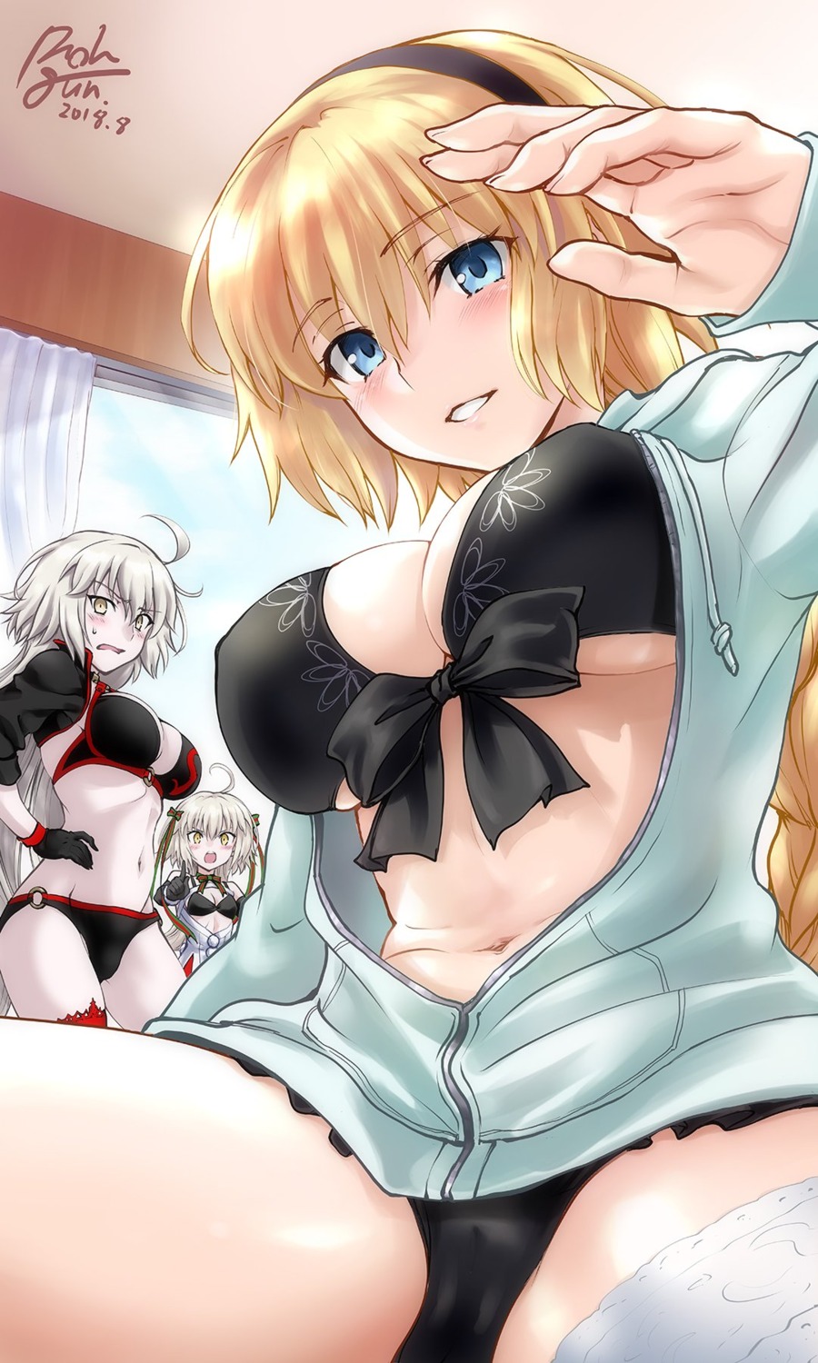 bikini cameltoe cleavage fate/grand_order jeanne_d'arc jeanne_d'arc_(alter)_(fate) jeanne_d'arc_(fate) jeanne_d'arc_alter_santa_lily open_shirt rohgun swimsuits underboob