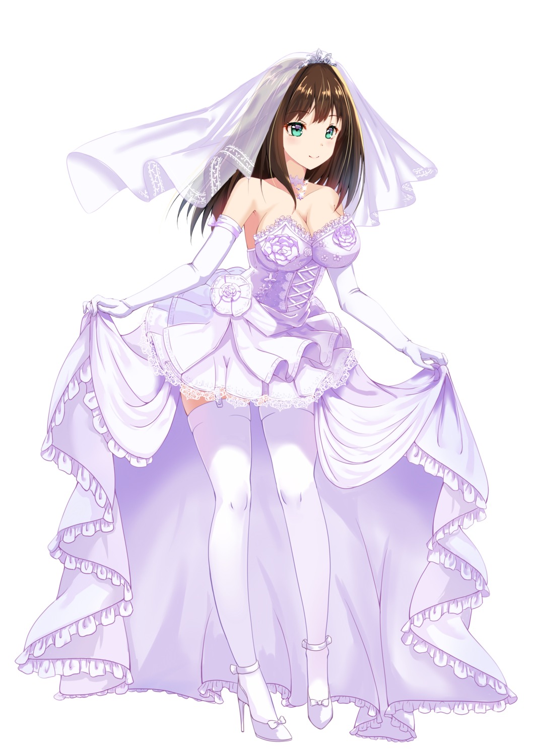 dress heels shailiar shibuya_rin skirt_lift stockings the_idolm@ster the_idolm@ster_cinderella_girls thighhighs wedding_dress