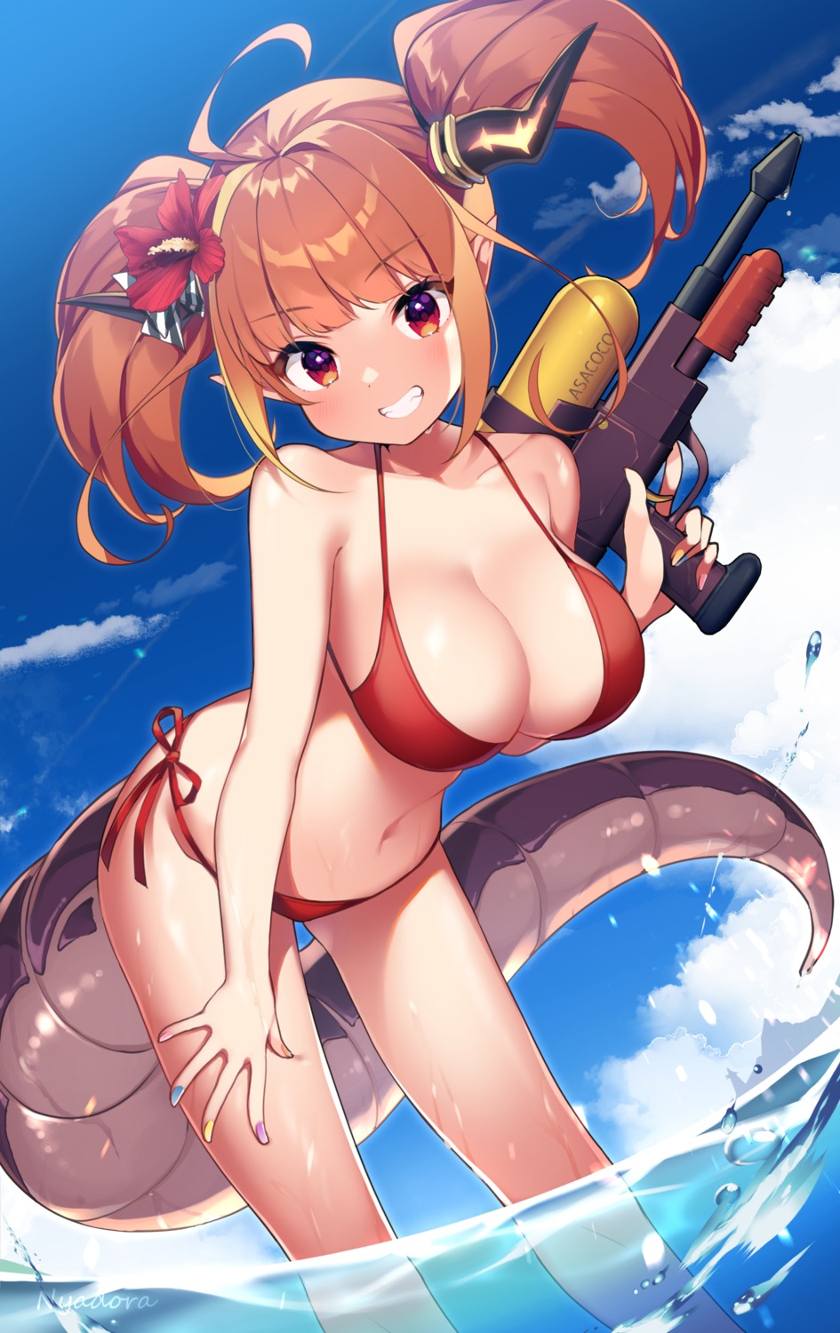 bikini gun hololive horns kiryuu_coco nyasunyadoora pointy_ears swimsuits tail wet