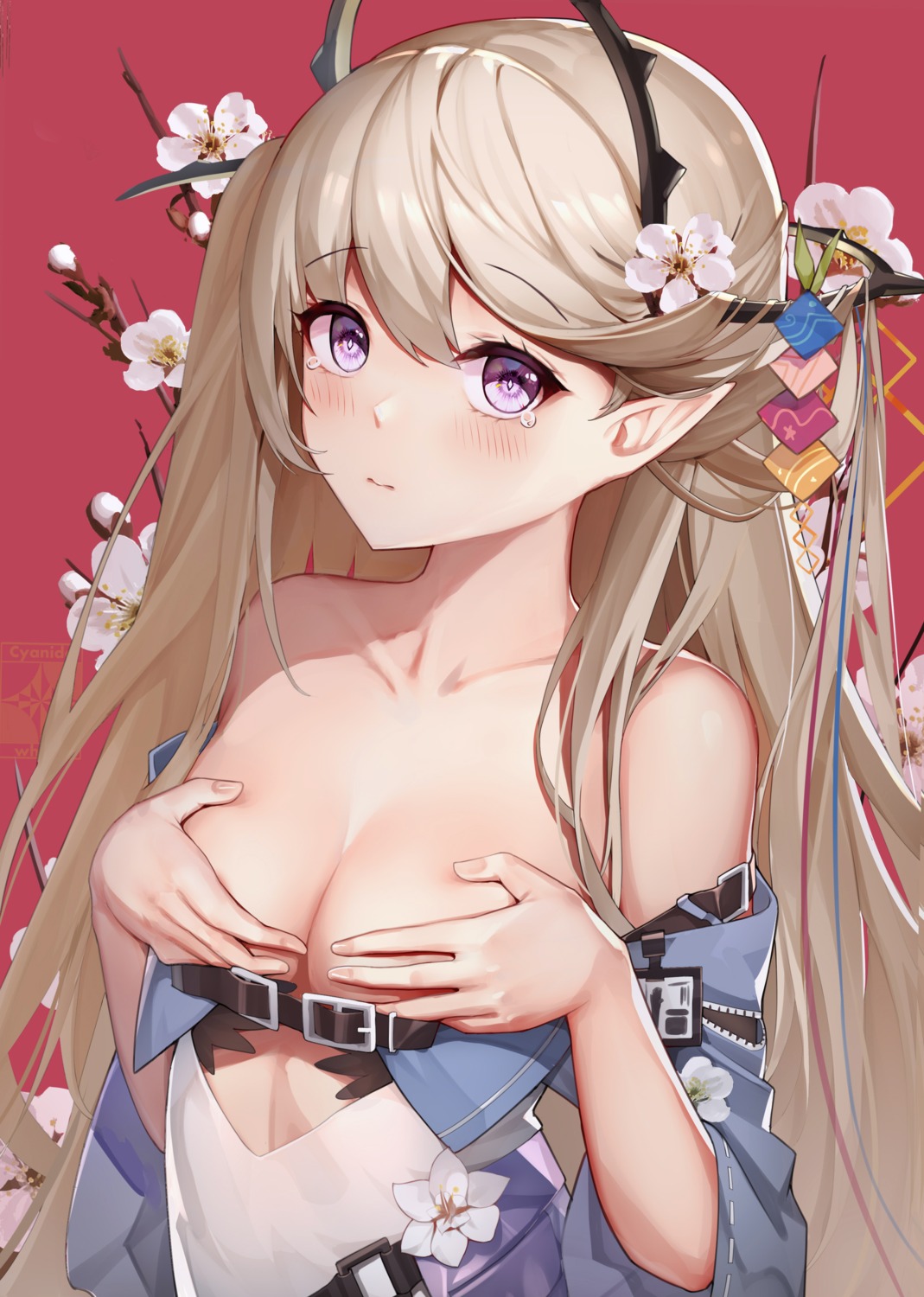 arknights breast_hold breasts cyanide-whale indigo_(arknights) no_bra open_shirt pointy_ears