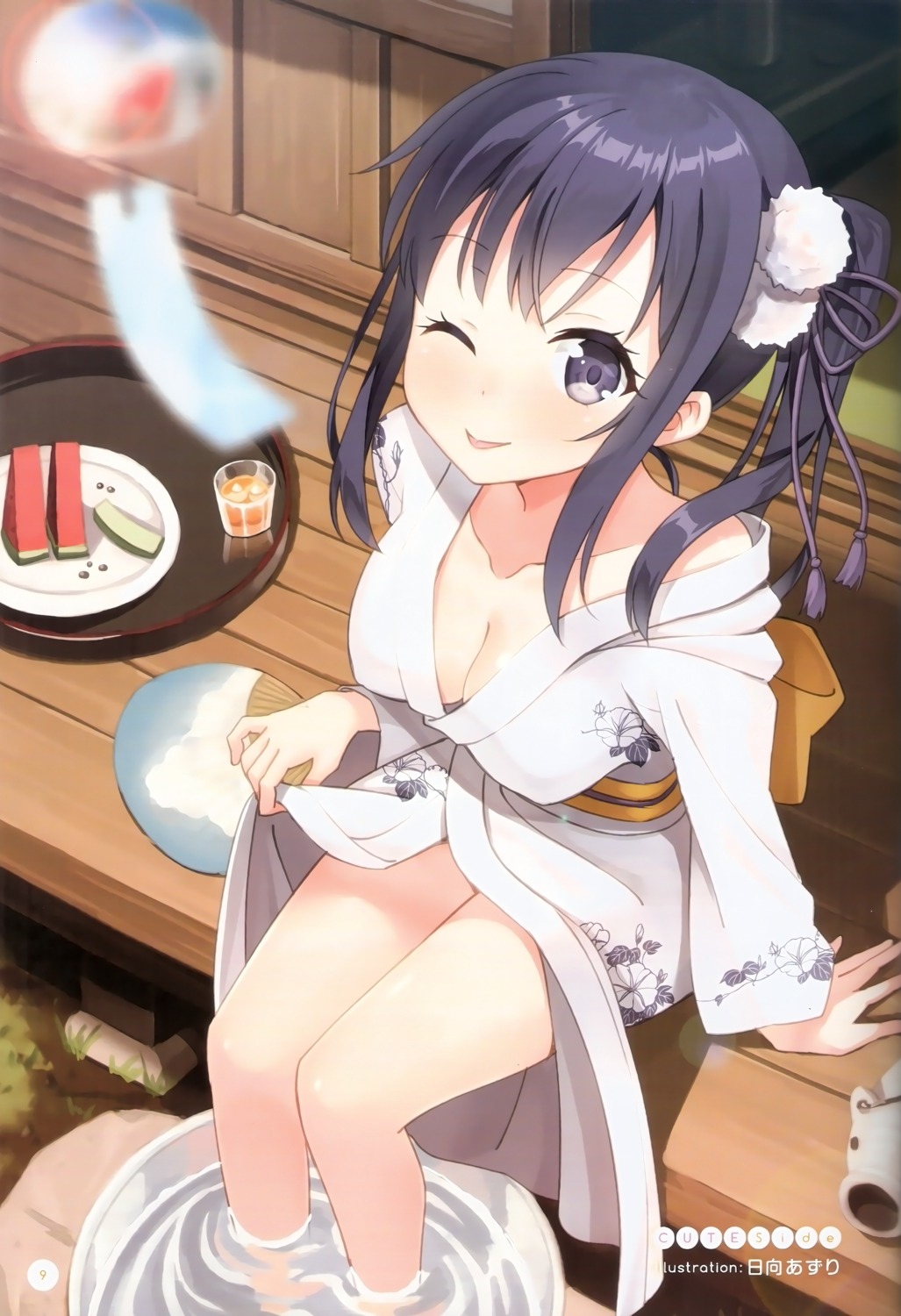 cleavage hyuuga_azuri imai_midori no_bra open_shirt shirobako skirt_lift wet yukata