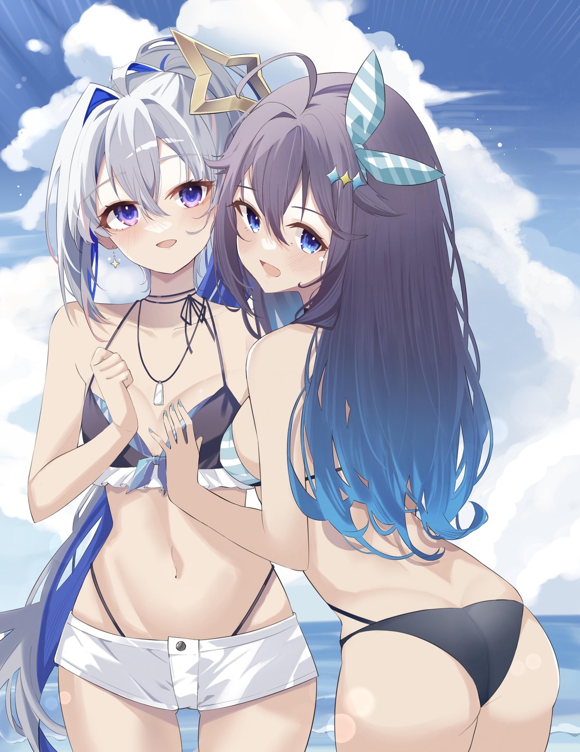 amane_kanata ass bikini dreamoon halo hololive sorahoshi_kirame swimsuits thong yuri