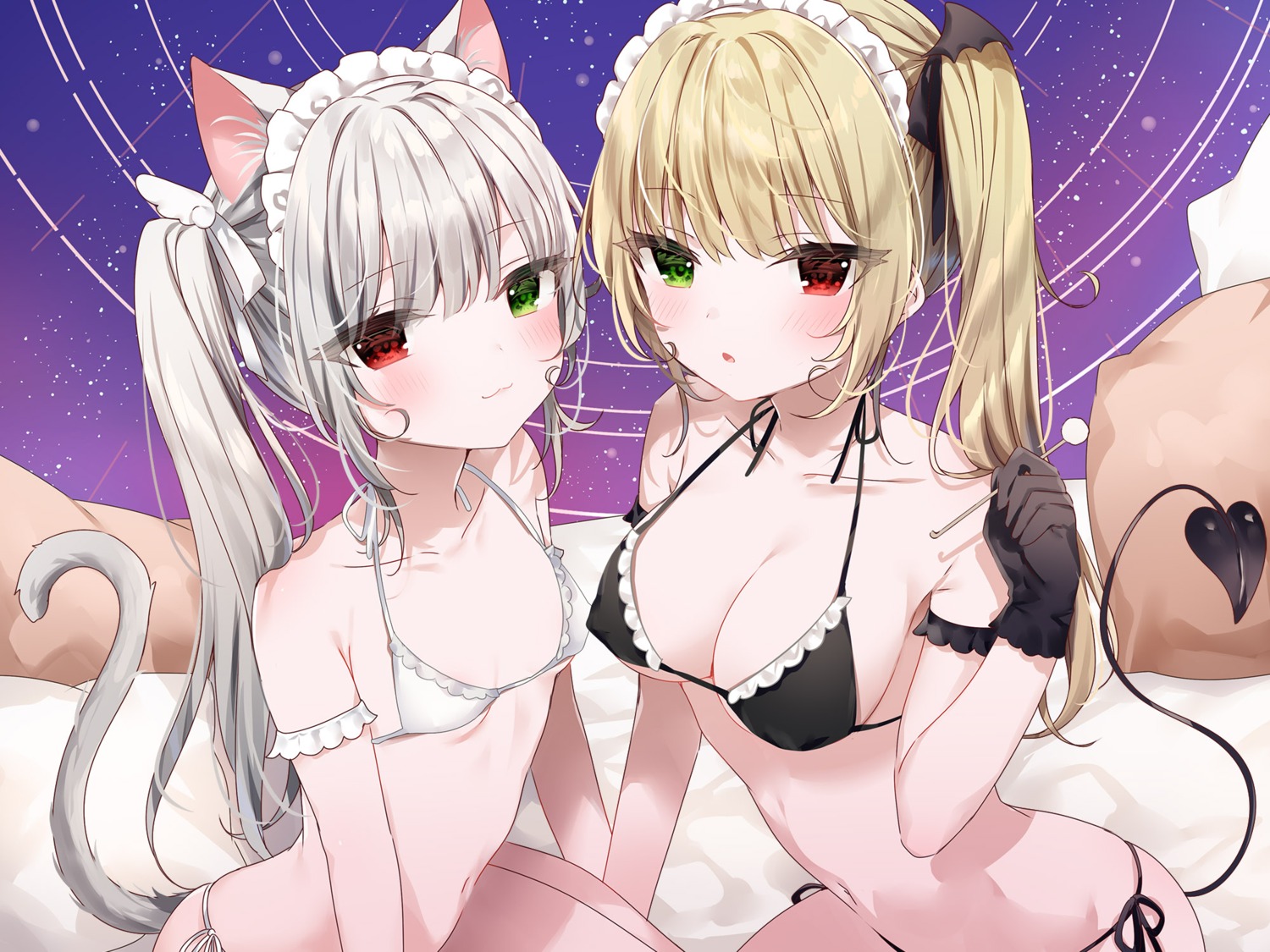 animal_ears bikini erect_nipples heterochromia loli mafuyu_(chibi21) maid nekomimi swimsuits tail