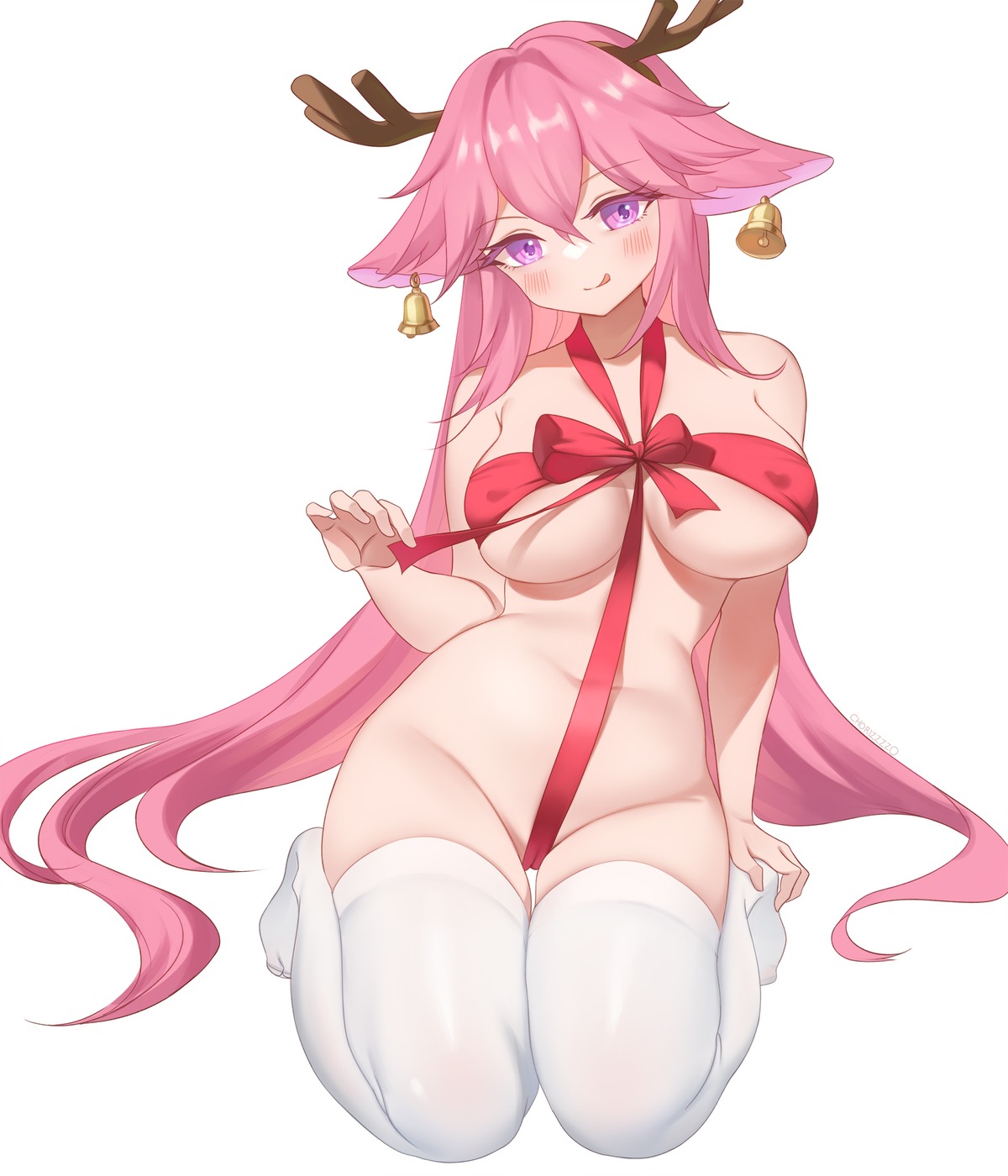 animal_ears cameltoe christmas erect_nipples genshin_impact horns kitsune naked_ribbon thighhighs yae_miko zzo_(chorizzzzo)