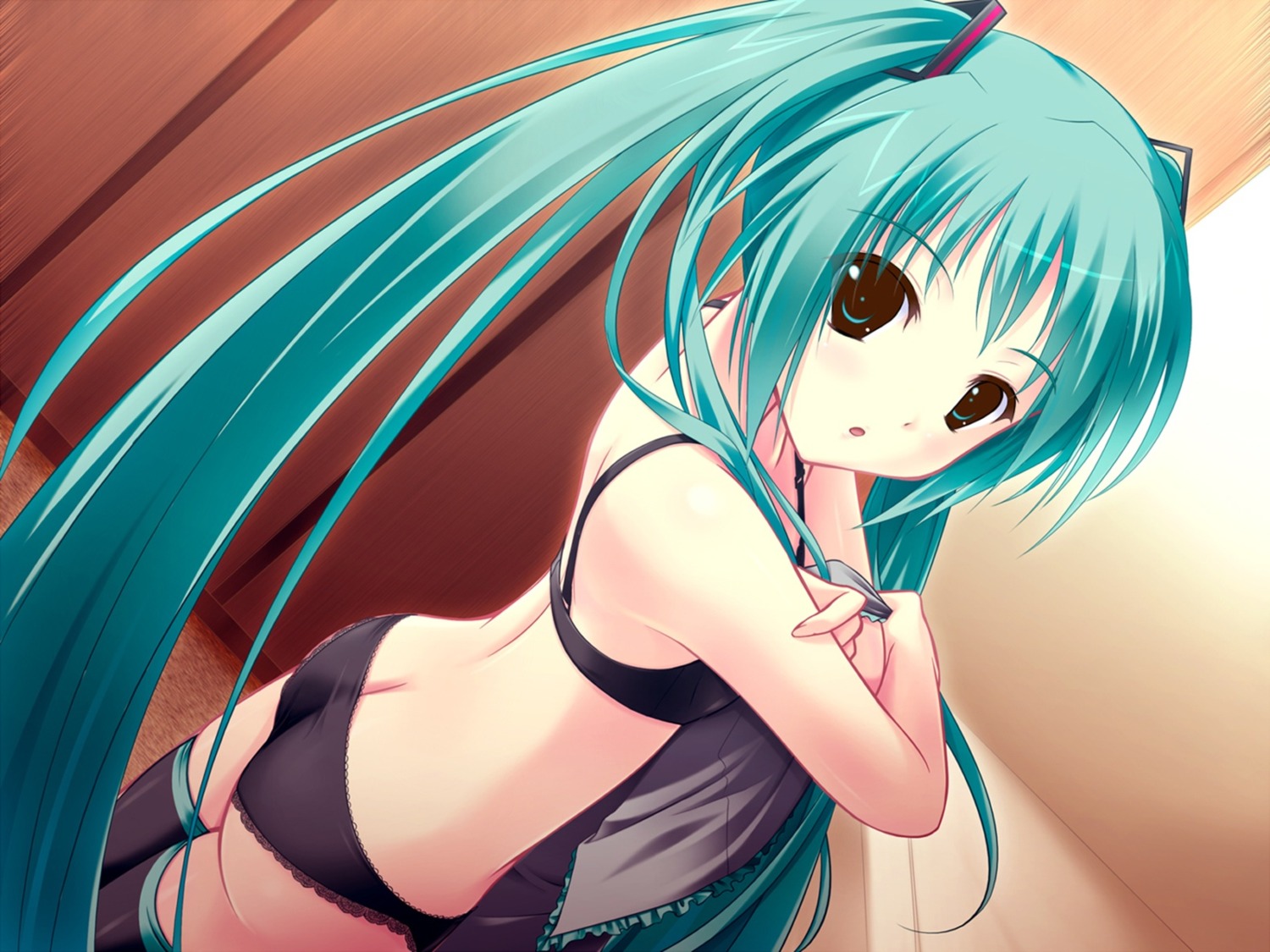 amino_kohaku bra hatsune_miku pantsu thighhighs undressing vocaloid wallpaper