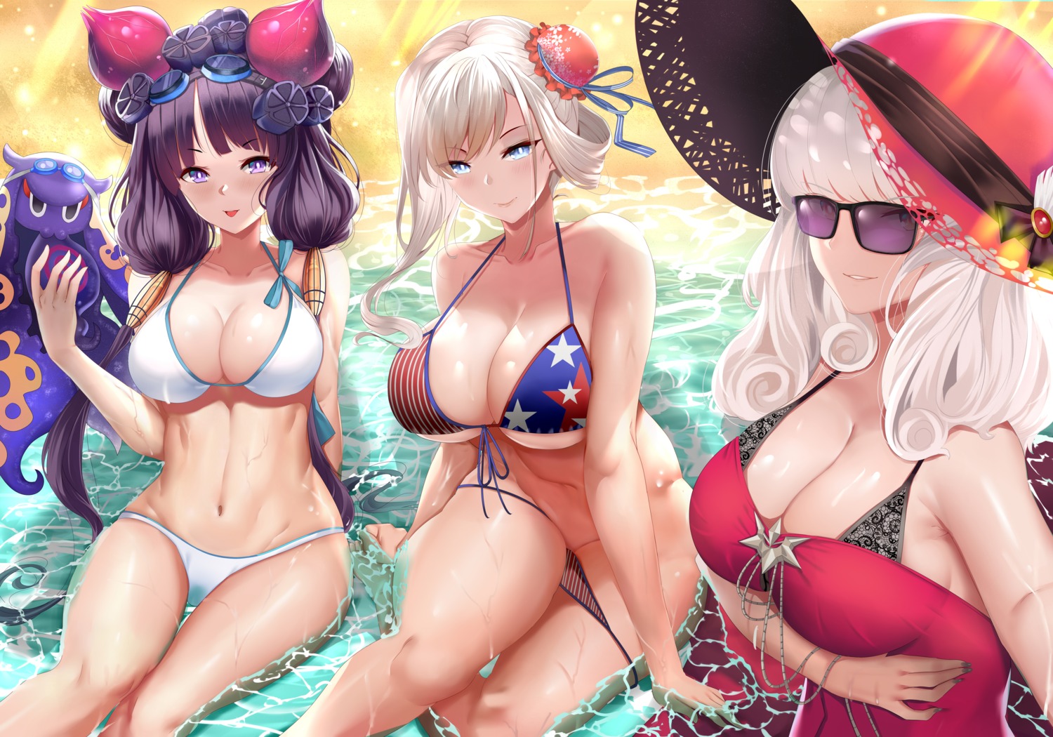 bikini breast_hold carmilla_(fate/grand_order) cleavage fate/grand_order katsushika_hokusai_(fate) megane miyamoto_musashi_(fate/grand_order) panty_pull piukute062 swimsuits underboob wardrobe_malfunction wet