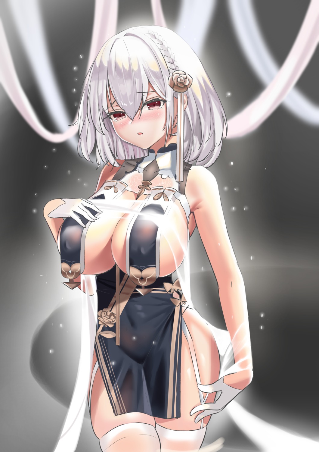 asian_clothes azur_lane erect_nipples lj2000 no_bra see_through sirius_(azur_lane) stockings thighhighs