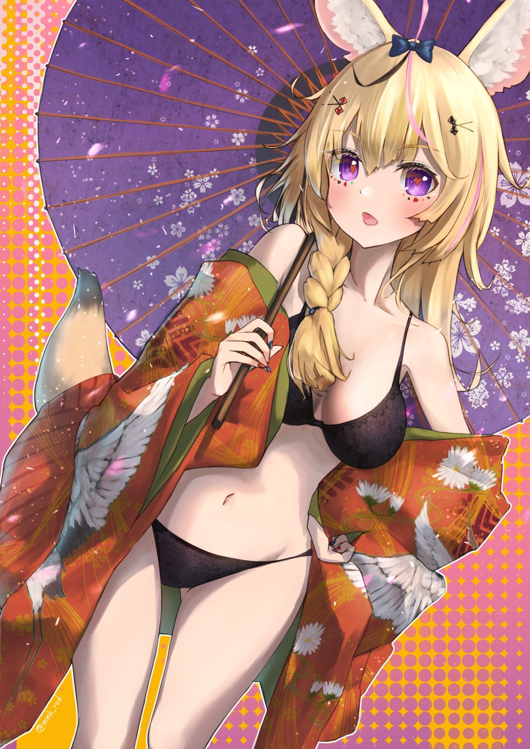 animal_ears bra hololive mmk omaru_polka open_shirt pantsu tail umbrella