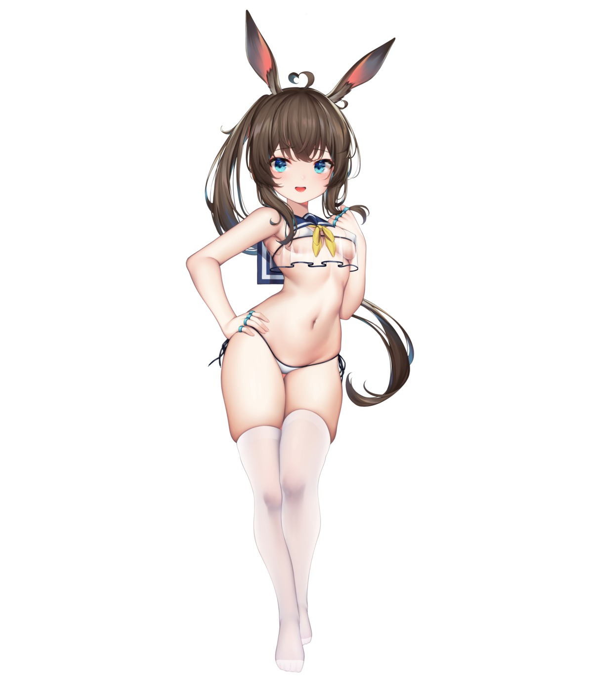 amiya_(arknights) animal_ears arknights bunny_ears erect_nipples see_through taitai thighhighs