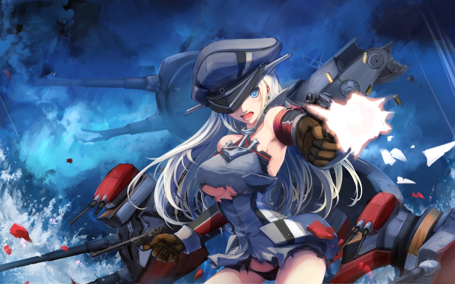 bismarck_(kancolle) gun kantai_collection pantsu pepsimen torn_clothes underboob