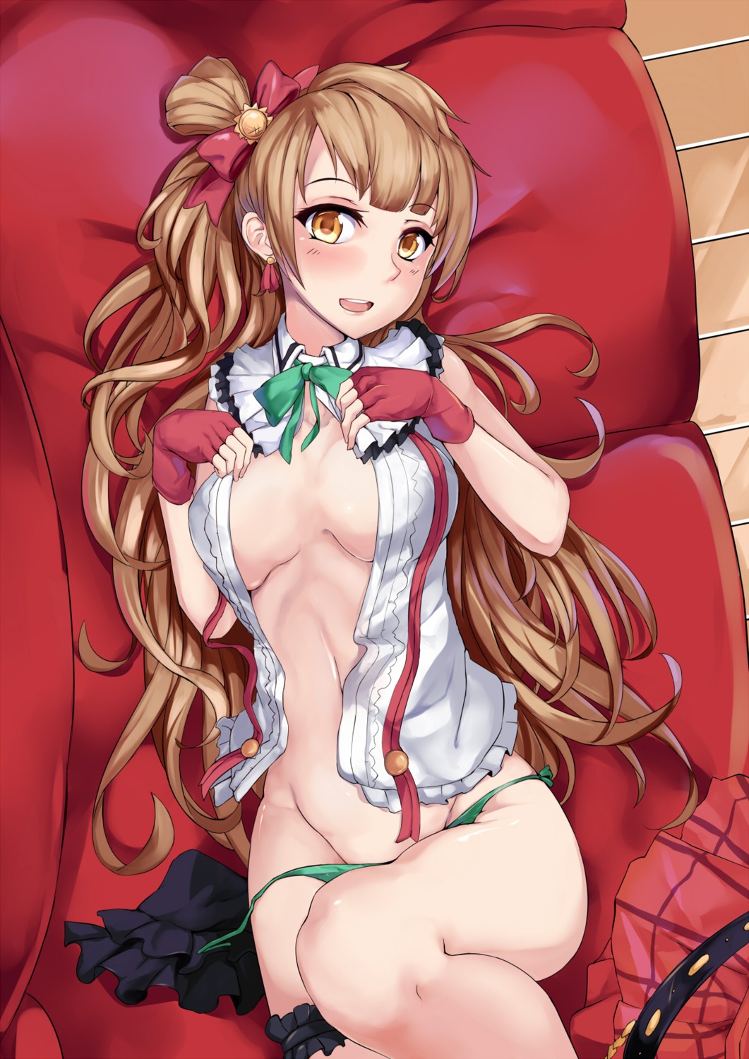 463_jun cleavage fixme garter love_live! minami_kotori no_bra open_shirt pantsu string_panties