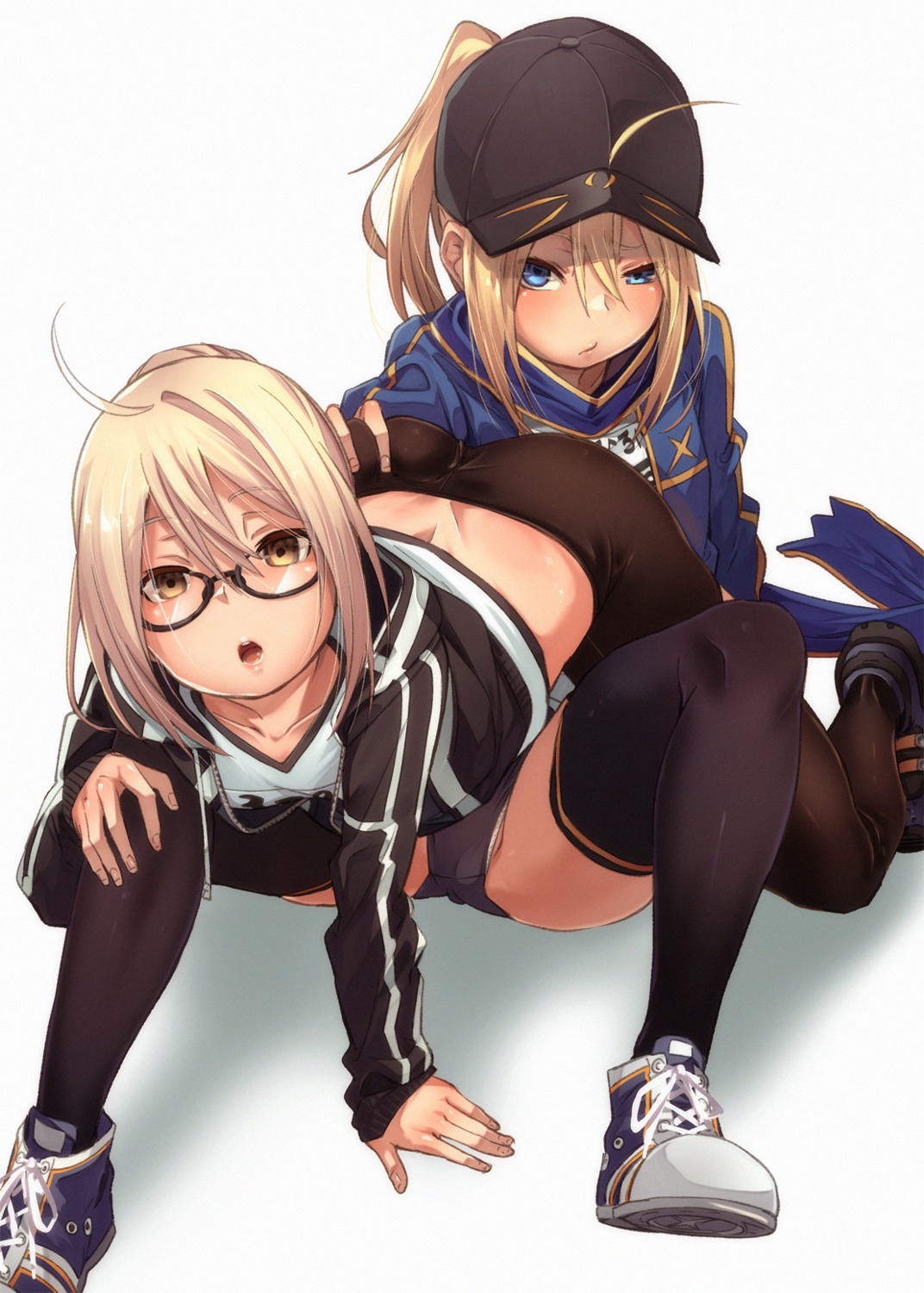 ass_grab bike_shorts fate/grand_order fu-ta gym_uniform heroine_x heroine_x_alter megane thighhighs yuri