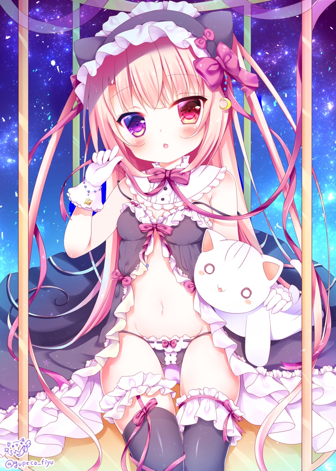 animal_ears fuxiyu garter heterochromia lingerie loli neko nekomimi pantsu stockings thighhighs