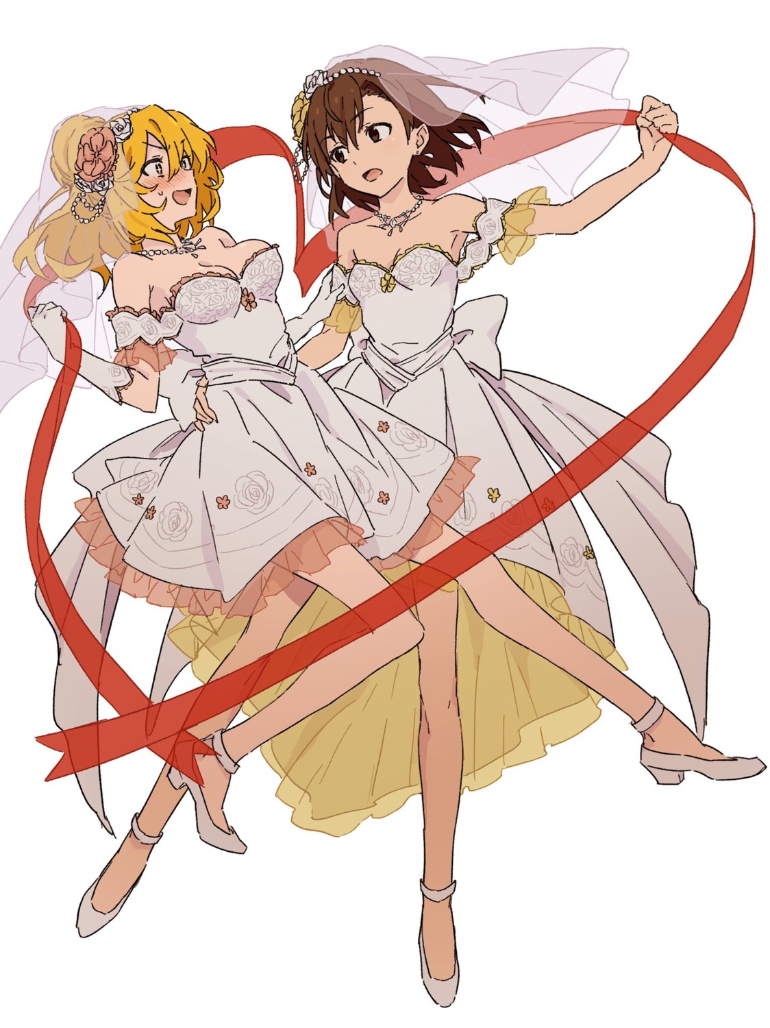 cleavage dress heels misaka_mikoto no_bra see_through shokuhou_misaki teruya_(6w6y) to_aru_kagaku_no_railgun to_aru_majutsu_no_index wedding_dress yuri