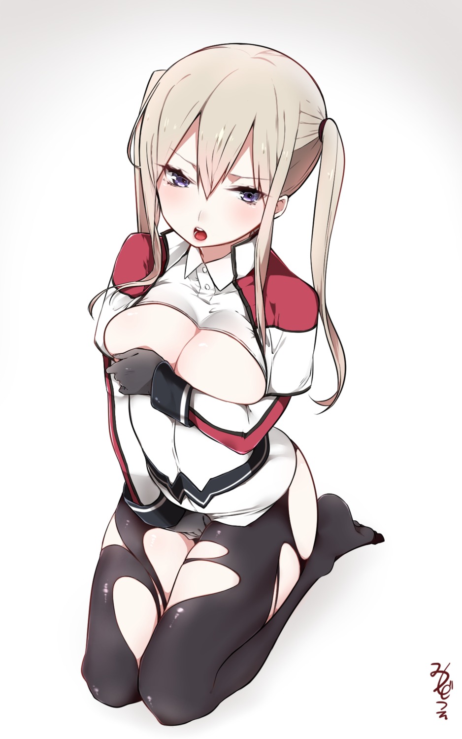 breast_hold graf_zeppelin_(kancolle) kantai_collection mitsudoue no_bra open_shirt pantyhose torn_clothes uniform