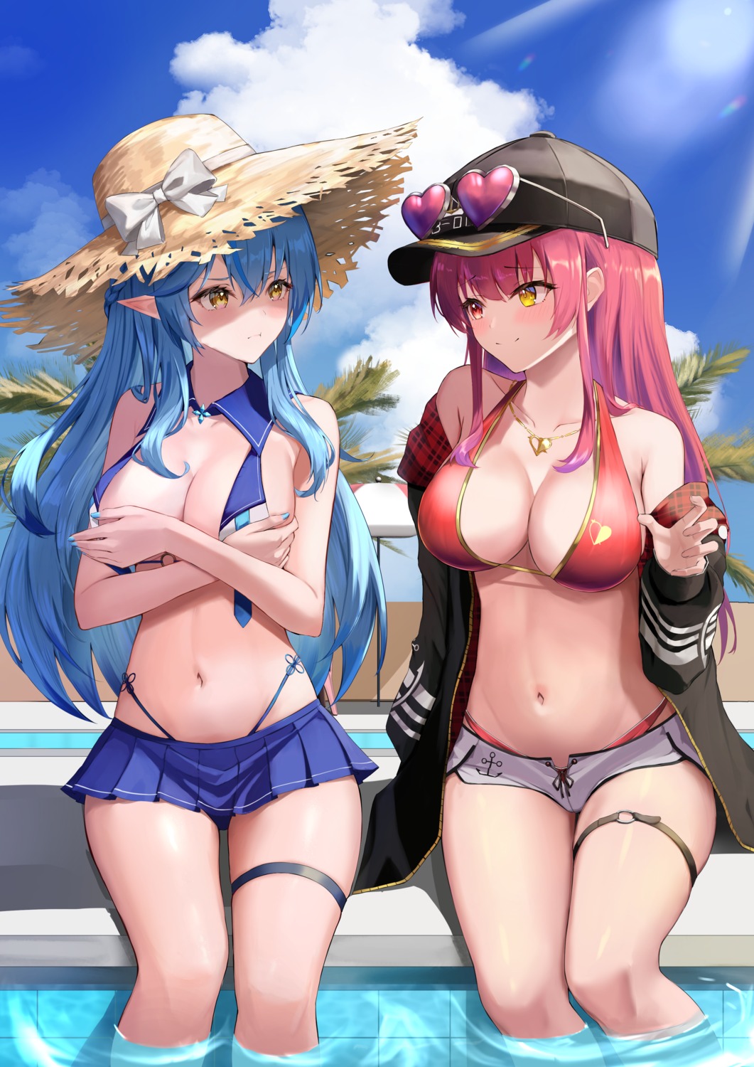 bikini breast_hold elf garter heterochromia hololive houshou_marine megane open_shirt pointy_ears suiran_(liquiddoes) swimsuits wet yukihana_lamy