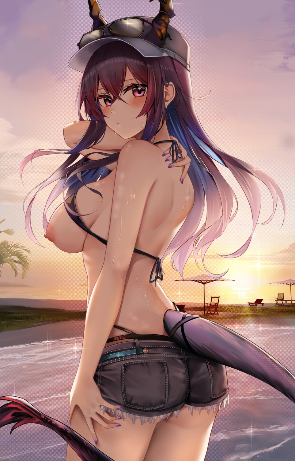 arknights ass bikini breasts ch'en_(arknights) horns megane nipples ru_zhai swimsuits tail torn_clothes wet