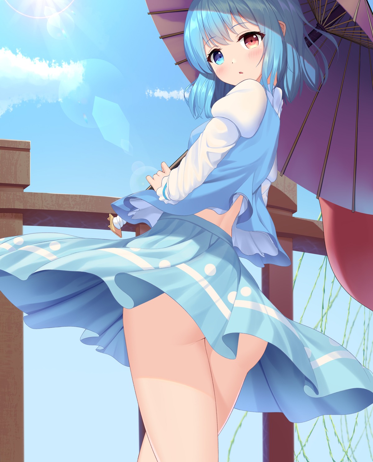 ass heterochromia nearoul_kishi shirt_lift skirt_lift tatara_kogasa touhou umbrella