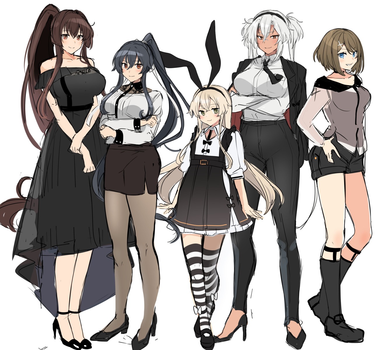 business_suit dress heels kantai_collection maya_(kancolle) musashi_(kancolle) pantyhose shimakaze_(kancolle) sketch thighhighs yahagi_(kancolle) yamato_(kancolle) yunamaro