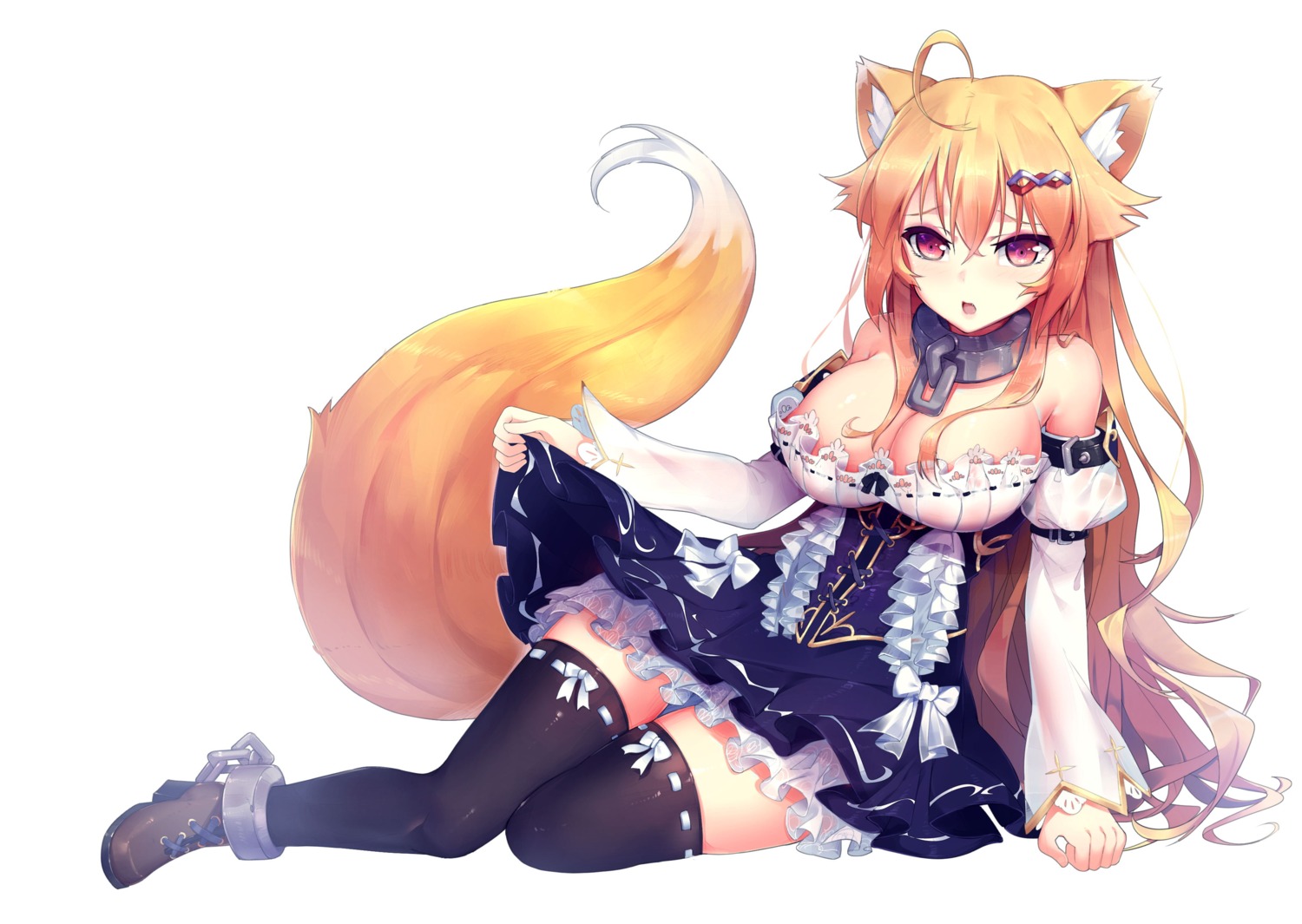 animal_ears areola dress heels kitsune no_bra see_through skirt_lift tail thighhighs zhu_fun