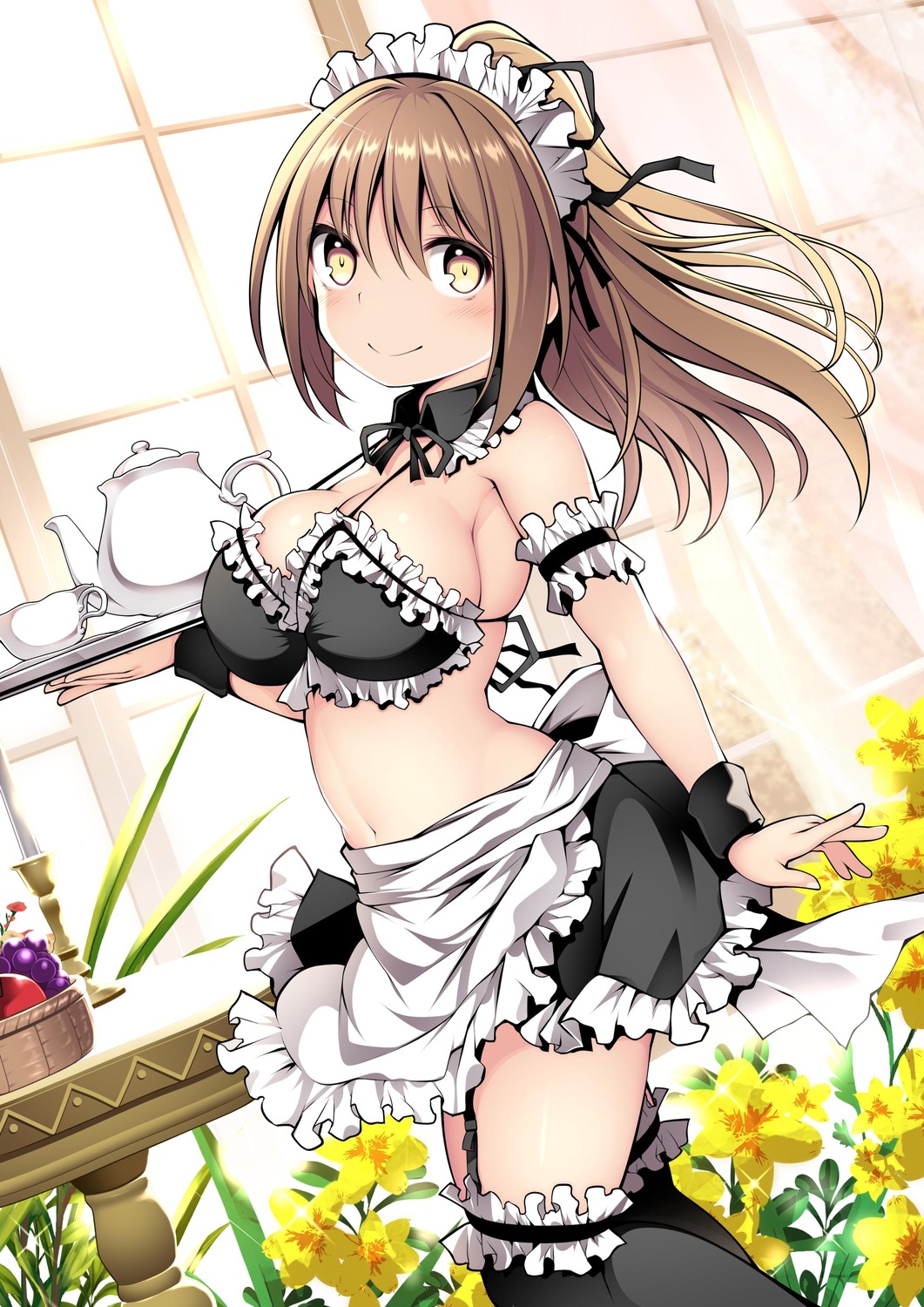 bikini_top kuromayu maid skirt_lift stockings swimsuits thighhighs