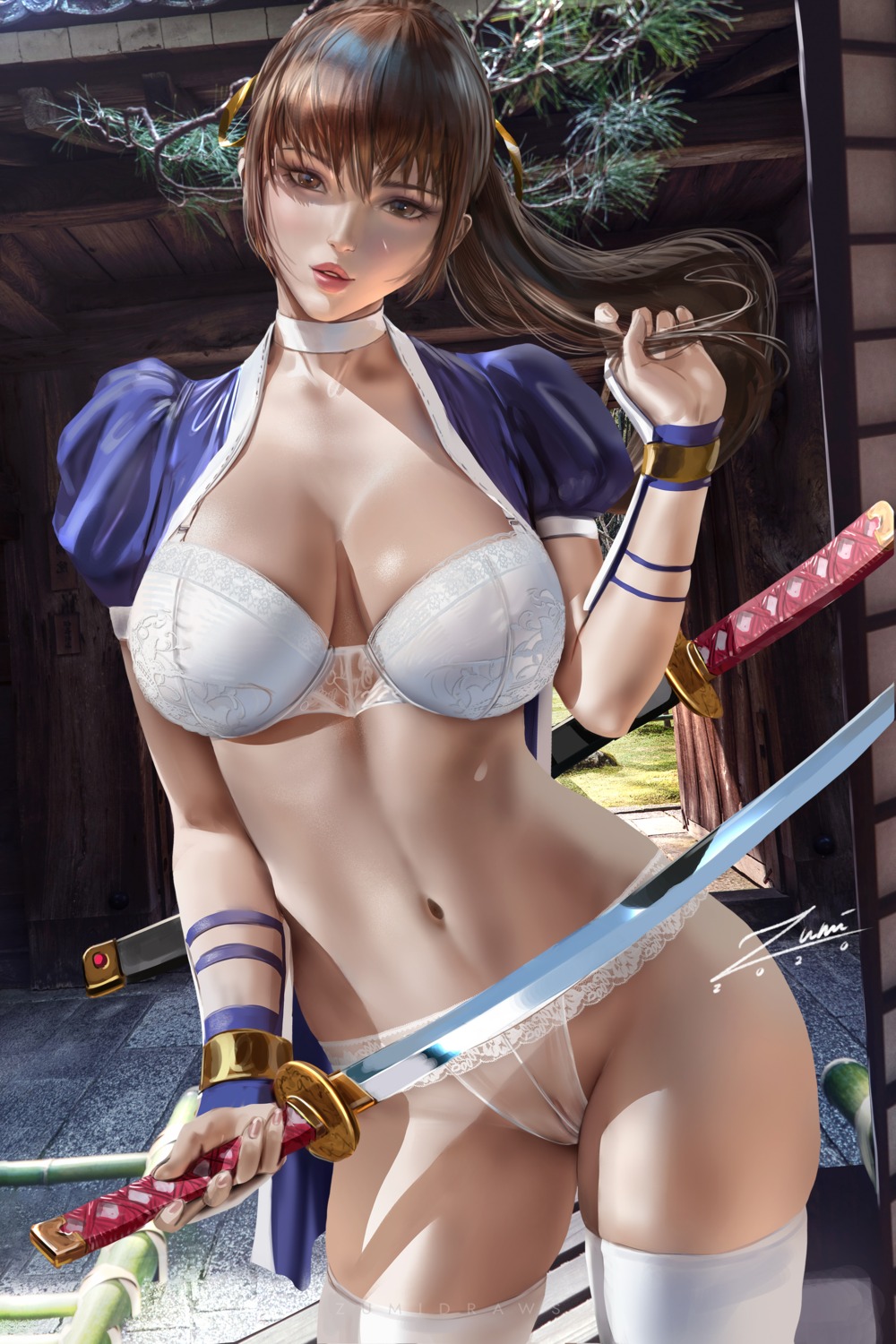 bra dead_or_alive japanese_clothes kasumi lingerie open_shirt pantsu pussy see_through sword thighhighs uncensored zumi_(zumidraws)