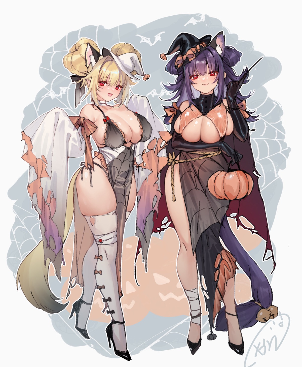 animal_ears dress halloween heels no_bra obiwan pantsu string_panties tail thighhighs witch xin