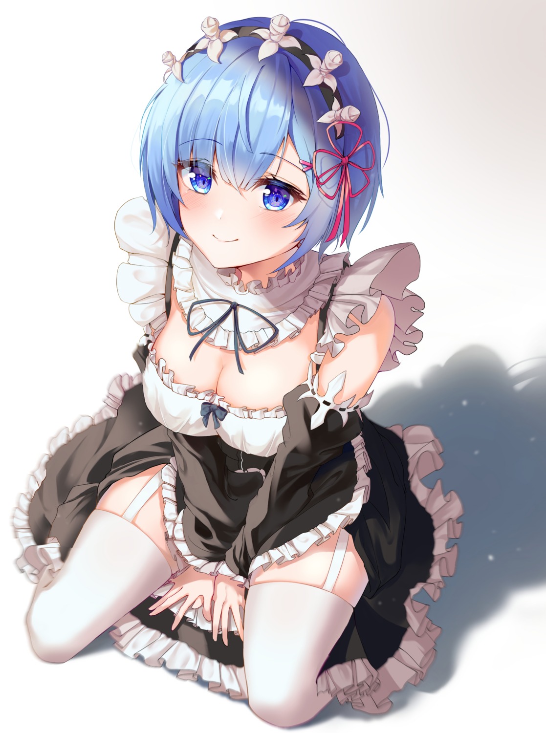 cleavage kimae maid re_zero_kara_hajimeru_isekai_seikatsu rem_(re_zero) skirt_lift stockings thighhighs