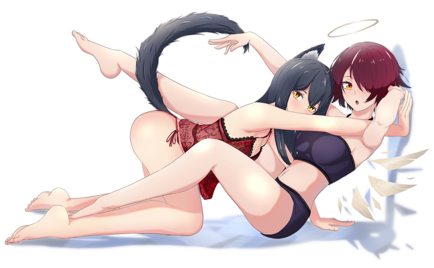 angel animal_ears arknights exusiai_(arknights) inumimi lingerie orionstar pantsu string_panties tail texas_(arknights) wings yuri