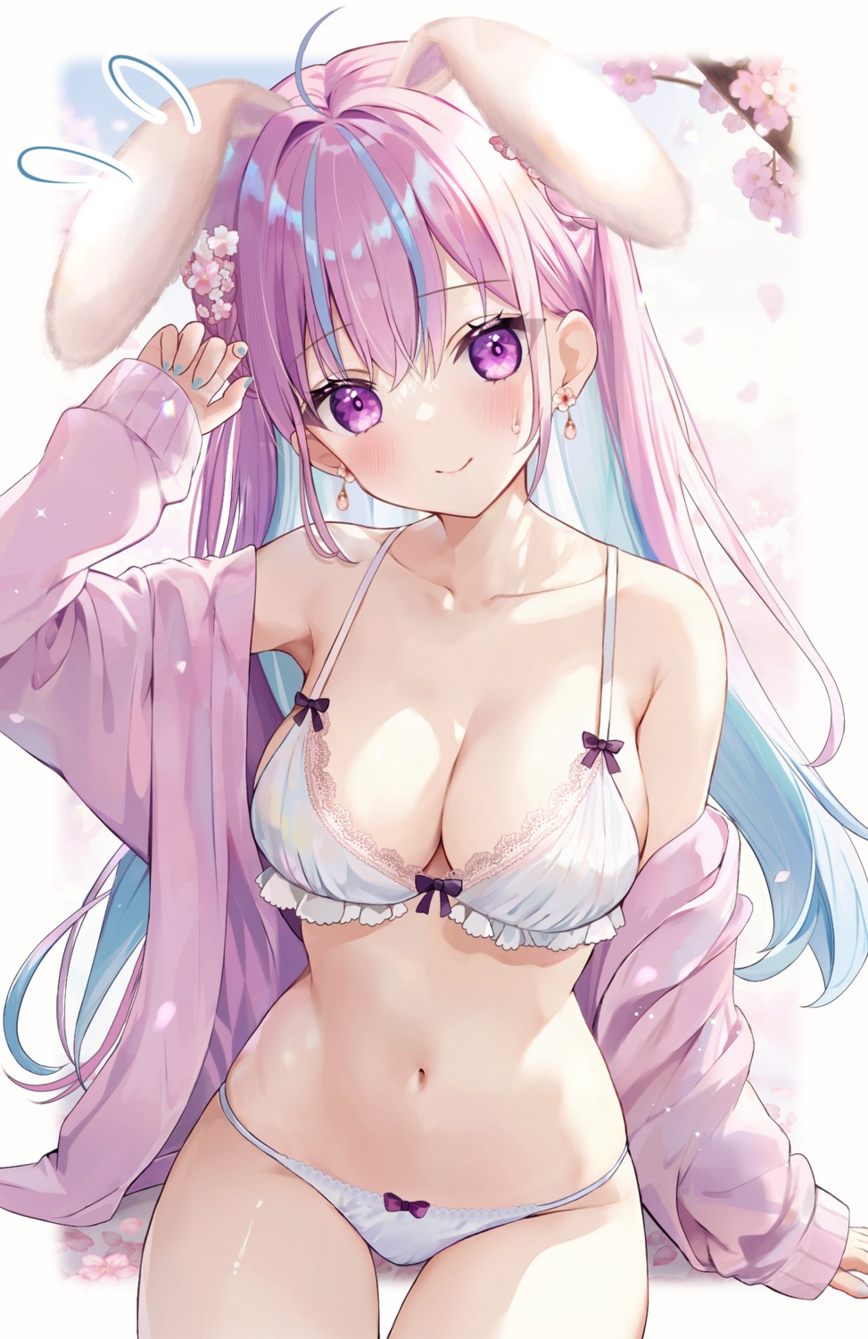 animal_ears aria_(ariacue) bra bunny_ears hololive minato_aqua open_shirt pantsu sweater