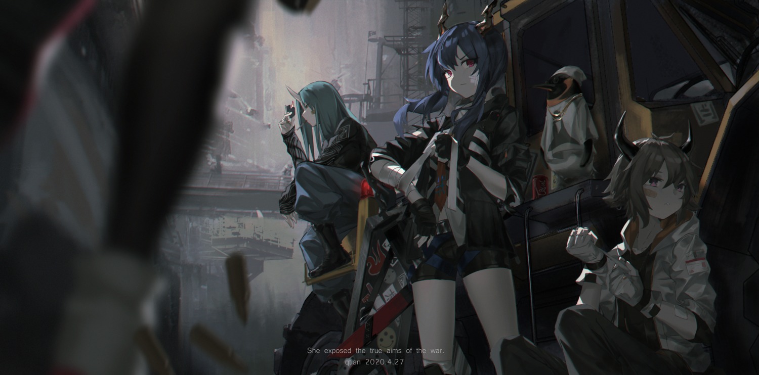 arknights bandages bandaid ch'en_(arknights) horns hoshiguma_(arknights) penguin qtian smoking sword