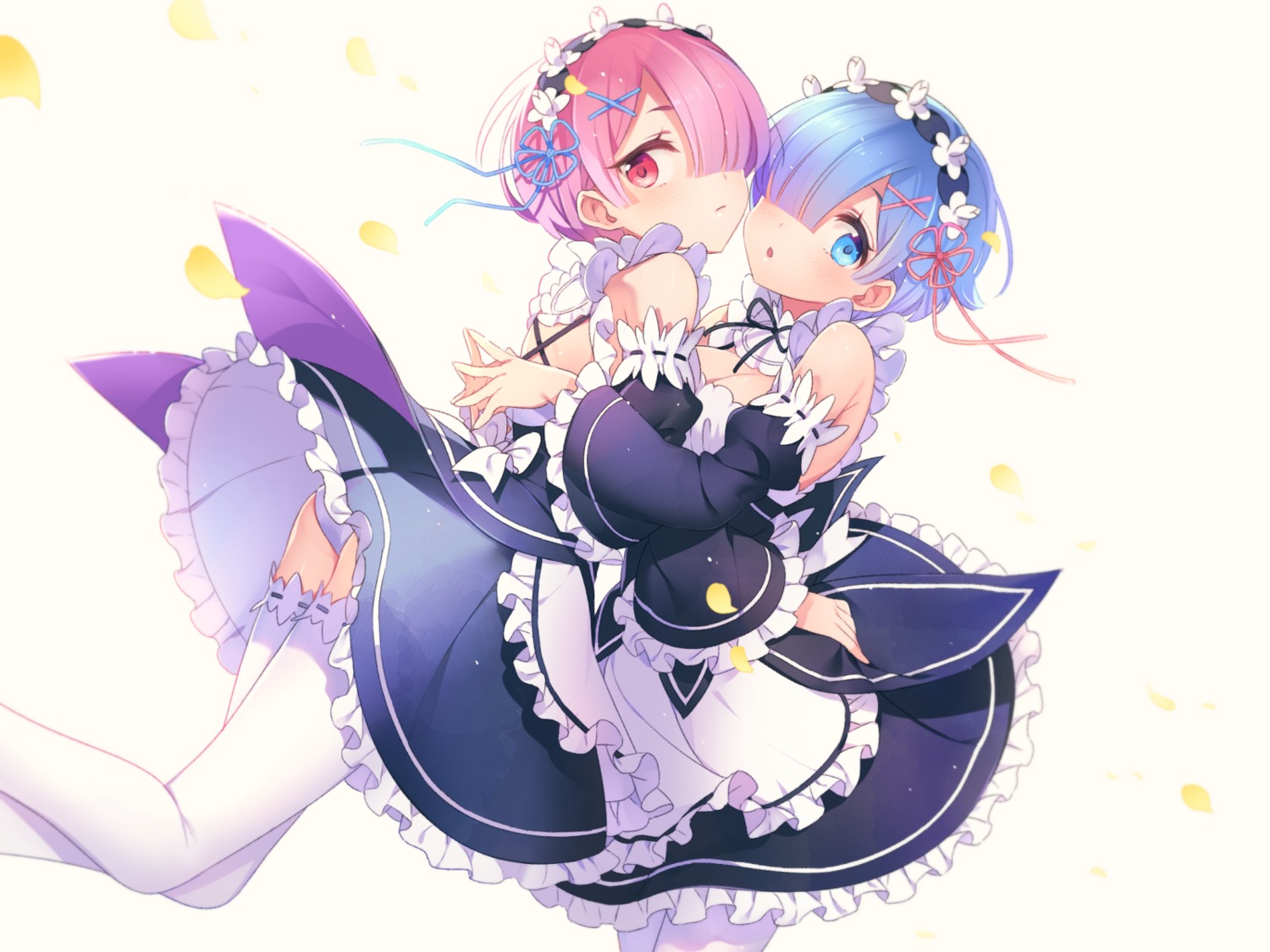 cleavage maid miya_(ete) pantsu ram_(re_zero) re_zero_kara_hajimeru_isekai_seikatsu rem_(re_zero) thighhighs