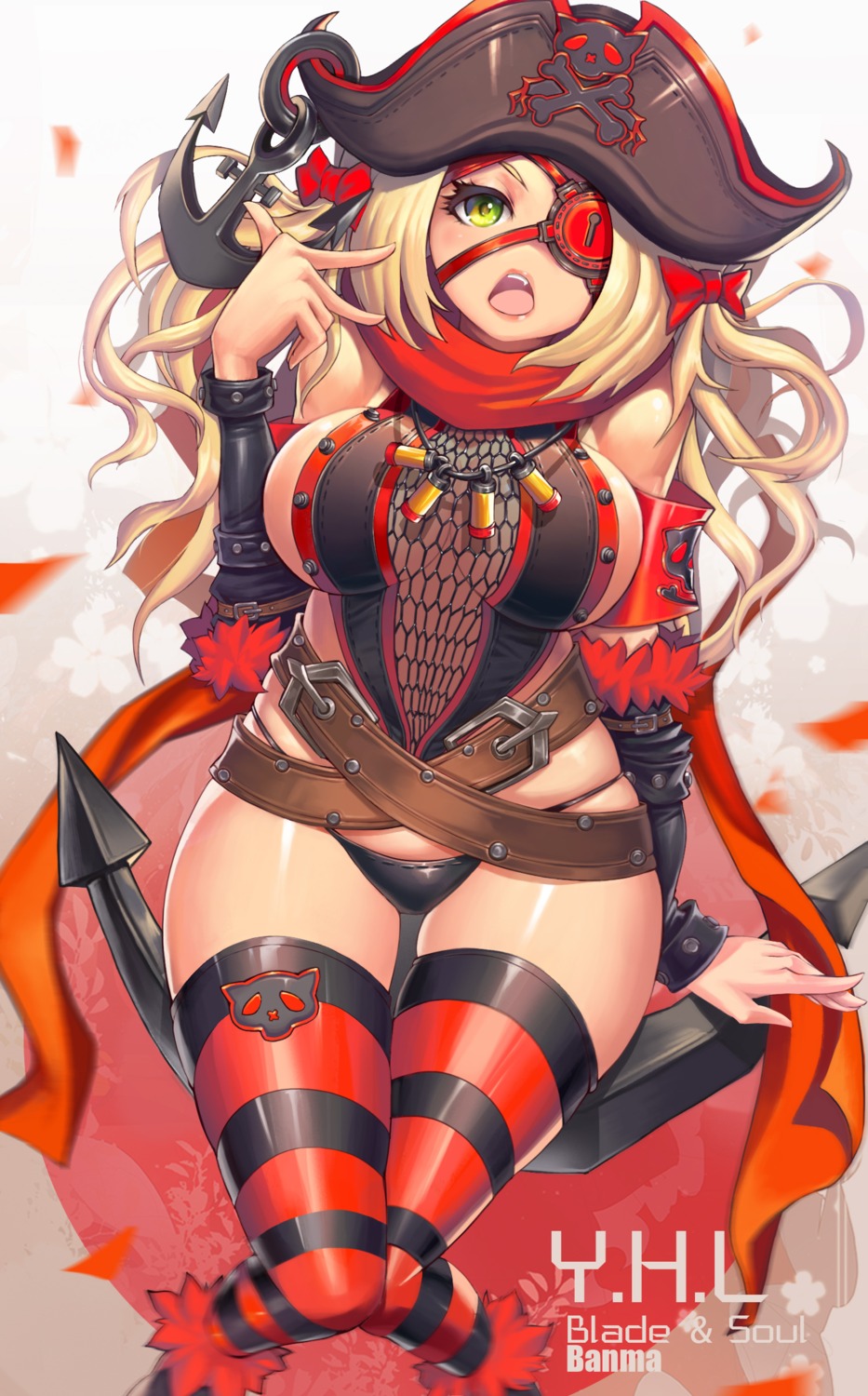 b-anma eyepatch fishnets no_bra pantsu pirate thighhighs