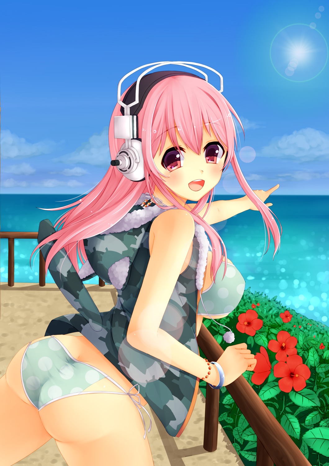 ass bikini erect_nipples headphones miyashita_maka open_shirt sonico super_sonico swimsuits underboob