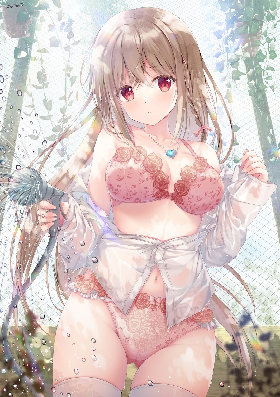 bra cameltoe dress_shirt maeda_shiori open_shirt pantsu see_through thighhighs twinbox twinbox_school wet wet_clothes