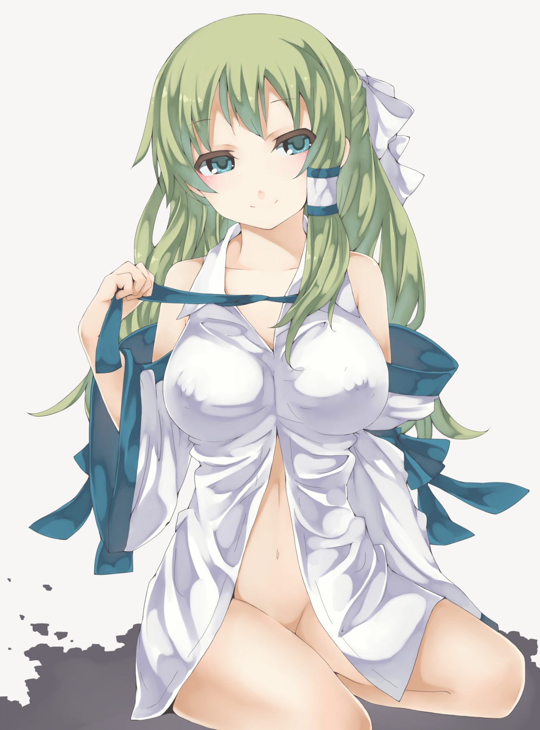 bottomless dress_shirt erect_nipples kaya_(marble_cube) kochiya_sanae marble_cube open_shirt tonta touhou undressing