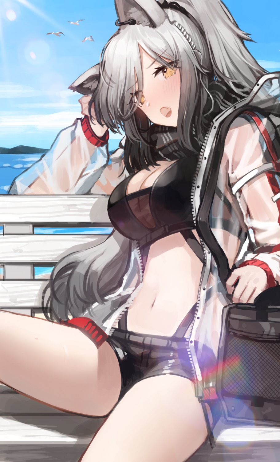 animal_ears arknights bikini cleavage open_shirt schwarz_(arknights) see_through seorang swimsuits