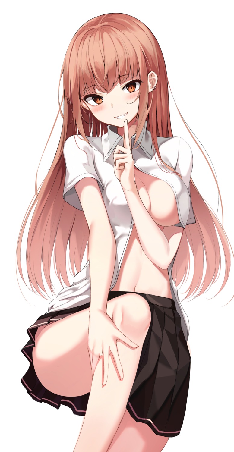 apple_ringo cleavage no_bra open_shirt seifuku skirt_lift