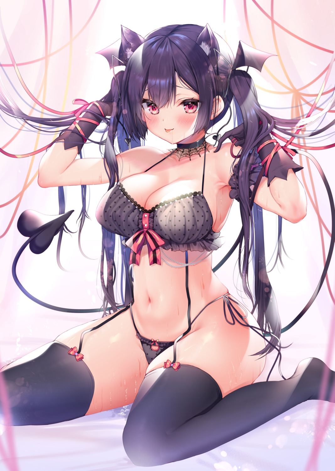 animal_ears ayuma_sayu bra cleavage koarai_liath nekomimi pantsu stockings string_panties tail thighhighs