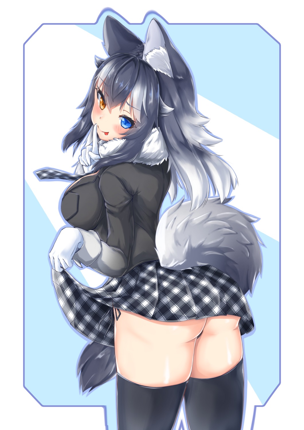 animal_ears ass gray_fox heterochromia kemono_friends kitsune pantsu skirt_lift string_panties tail thighhighs thong yeo_arin