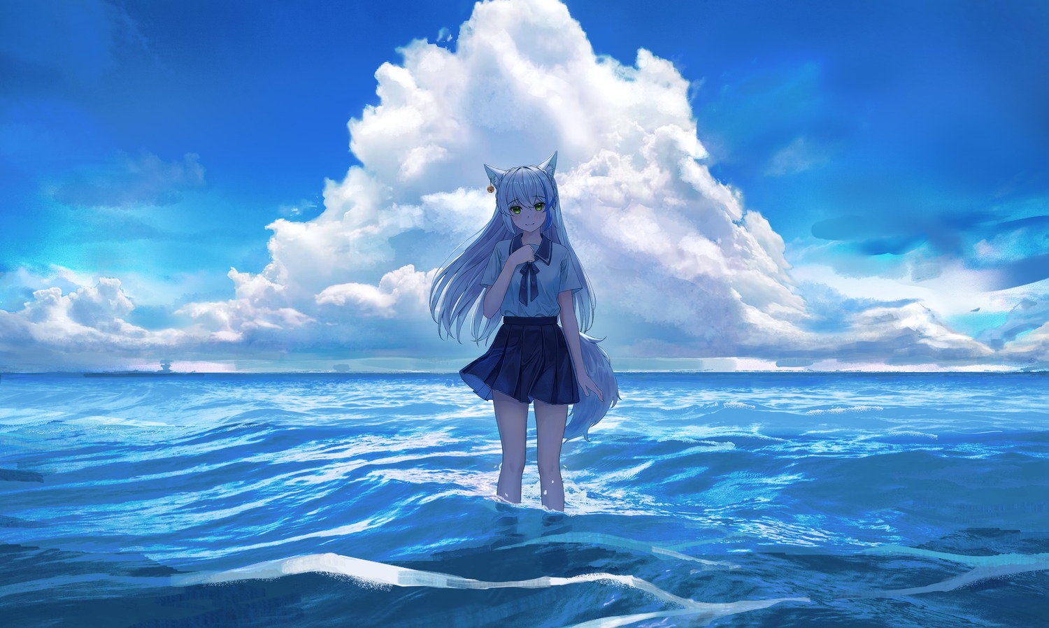 animal_ears kitsune landscape nay seifuku tail wet