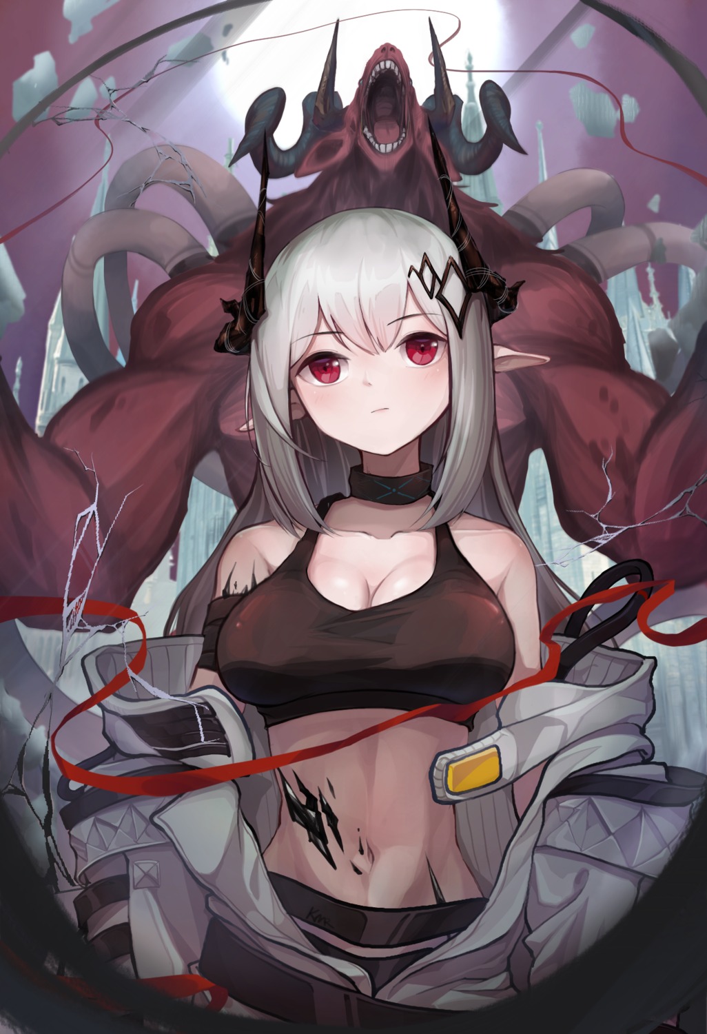 bra cleavage horns open_shirt pointy_ears tagme