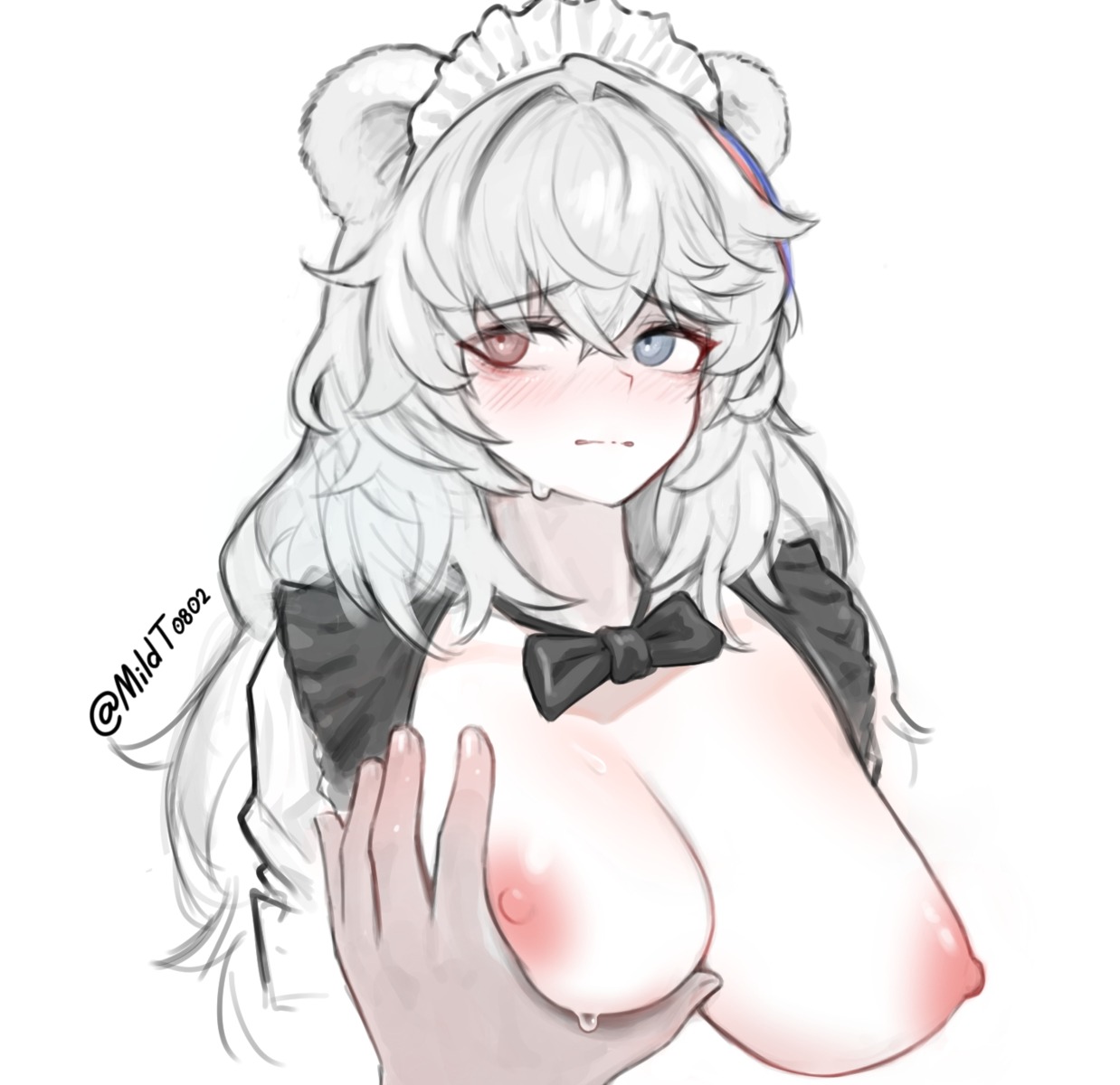 animal_ears breast_grab breasts heterochromia maid mildt nipples no_bra sketch