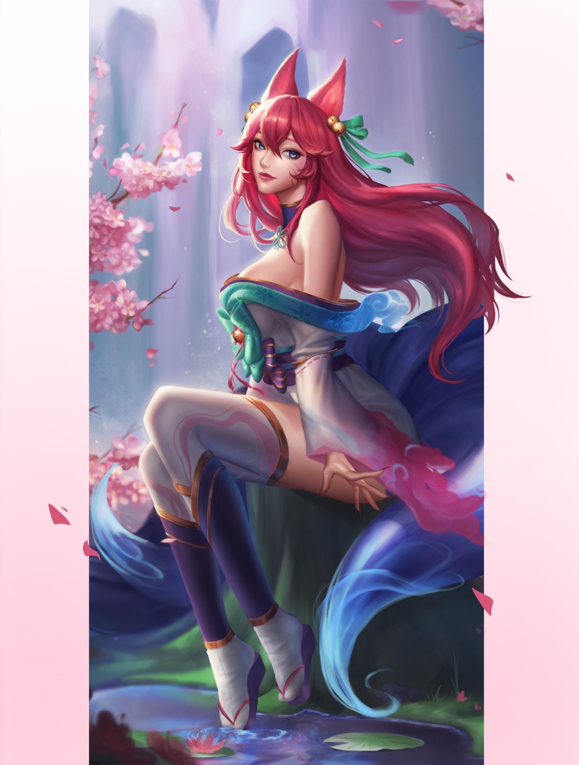 ahri animal_ears japanese_clothes kitsune league_of_legends no_bra open_shirt tagme tail thighhighs