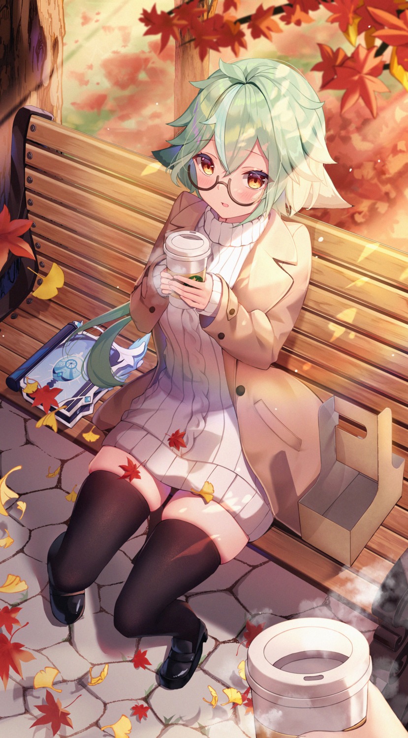 bitseon dress genshin_impact megane sucrose sweater thighhighs