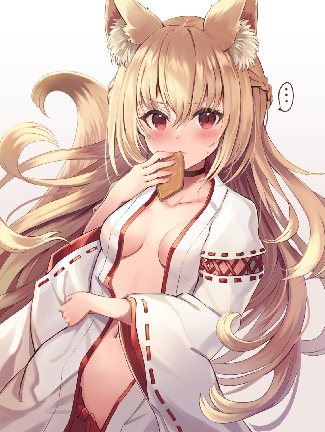 animal_ears kitsune miko no_bra open_shirt sakura_ani tail