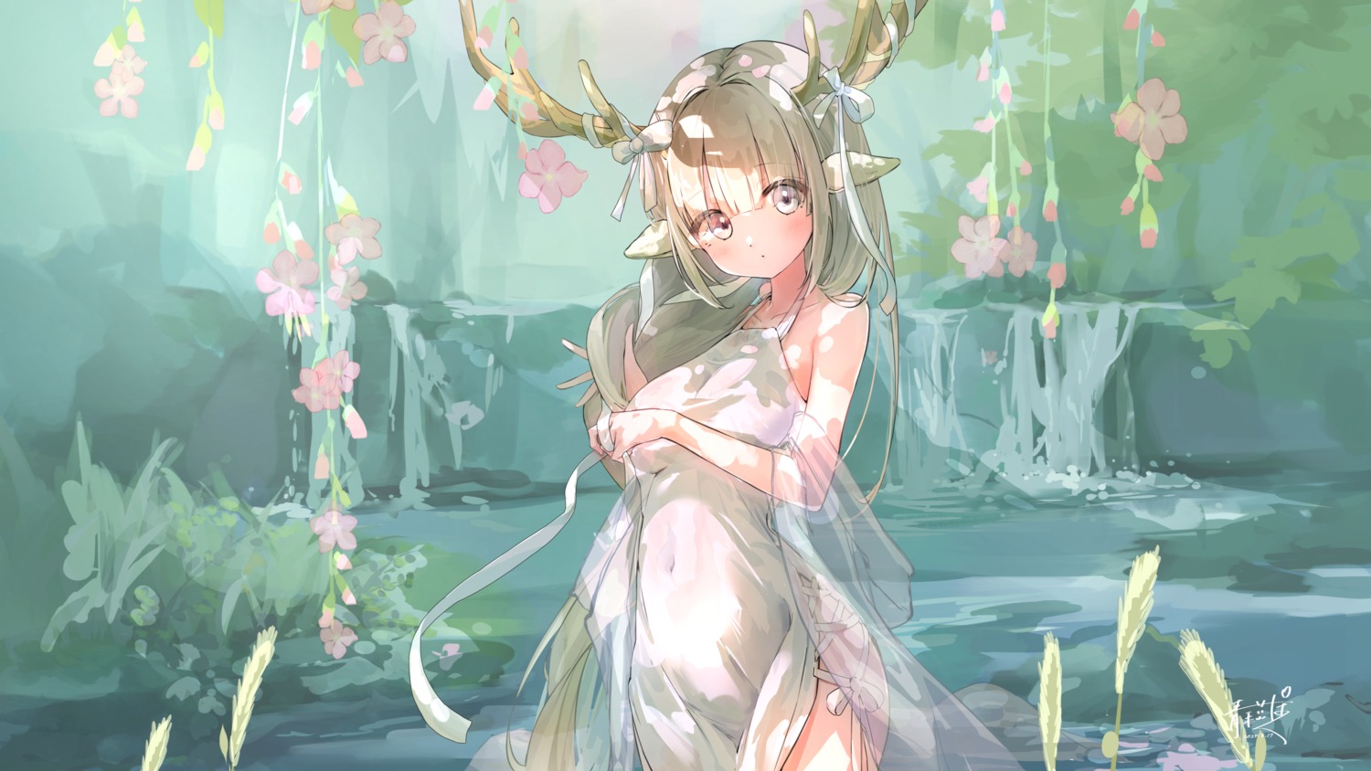 animal_ears dress horns pokunoe see_through wallpaper