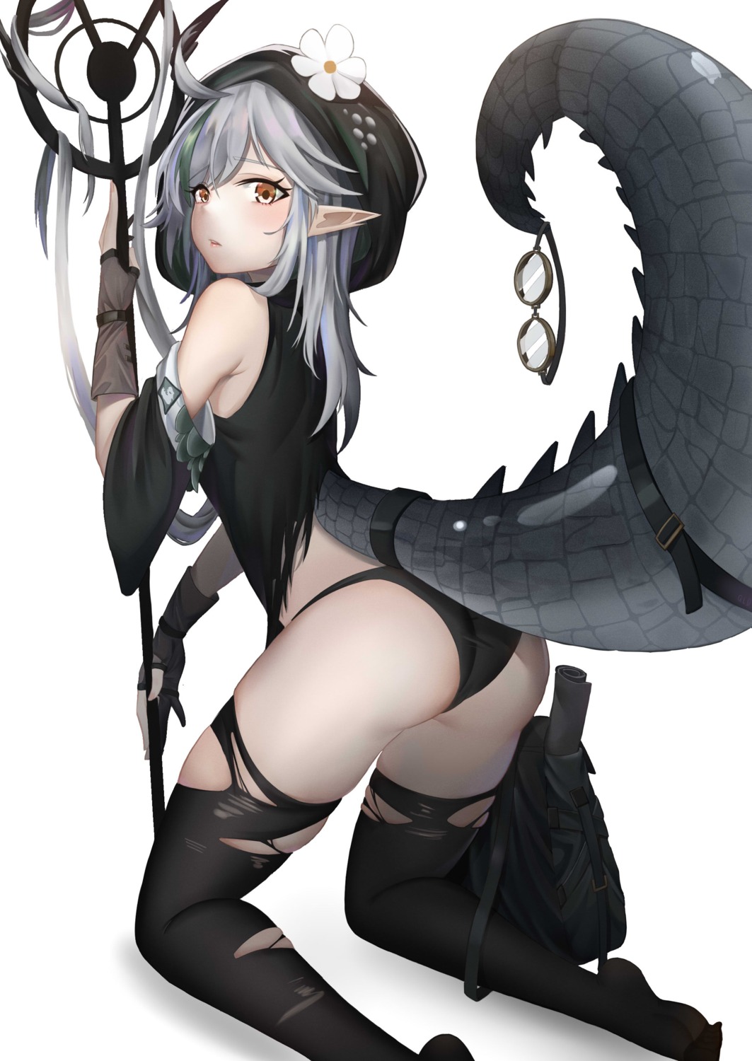 arknights ass pantsu pointy_ears qldpopi tail thighhighs tomimi_(arknights) torn_clothes weapon